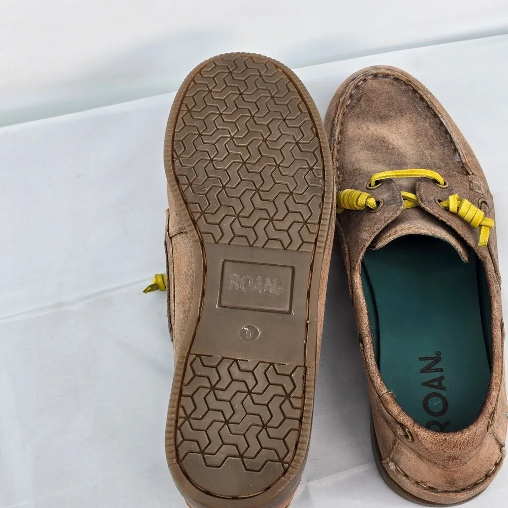 ROAN Women’s Brown Leather Boat Shoes with Yellow Laces